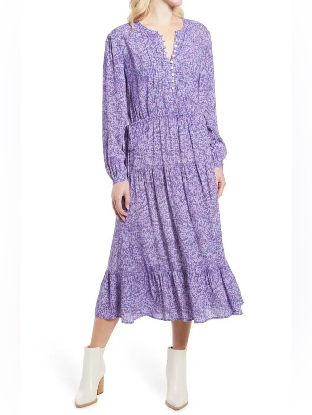 Rebecca Minkoff Esme Lavender Micro Floral Button-Front Midi Dress - Size XS